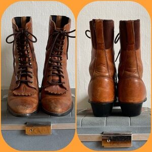 ARIAT Brown Leather Roper Lace-Up Fringe Toe Cowgirl Work Boots